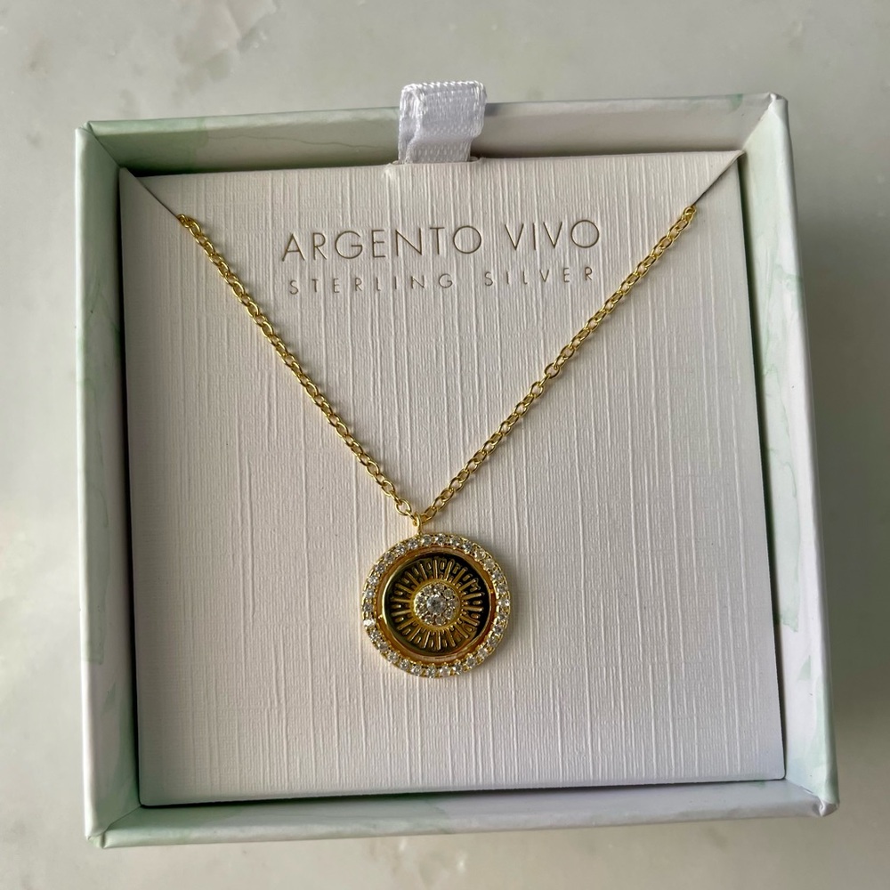 + ARGENTO VIVO + Sterling Silver CZ Coin Pendant Necklace - Picture 5 of 6